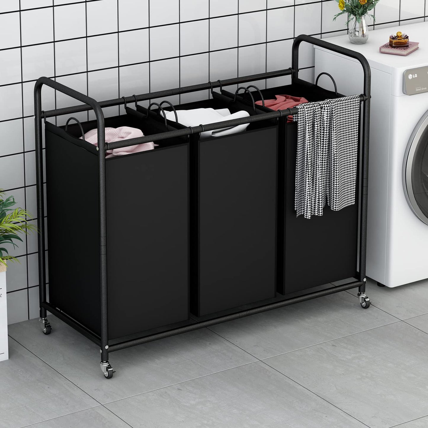 SUOERNUO 3-Bag Laundry Basket Cart with Heavy Duty Rolling Lockable Wheels and Removable