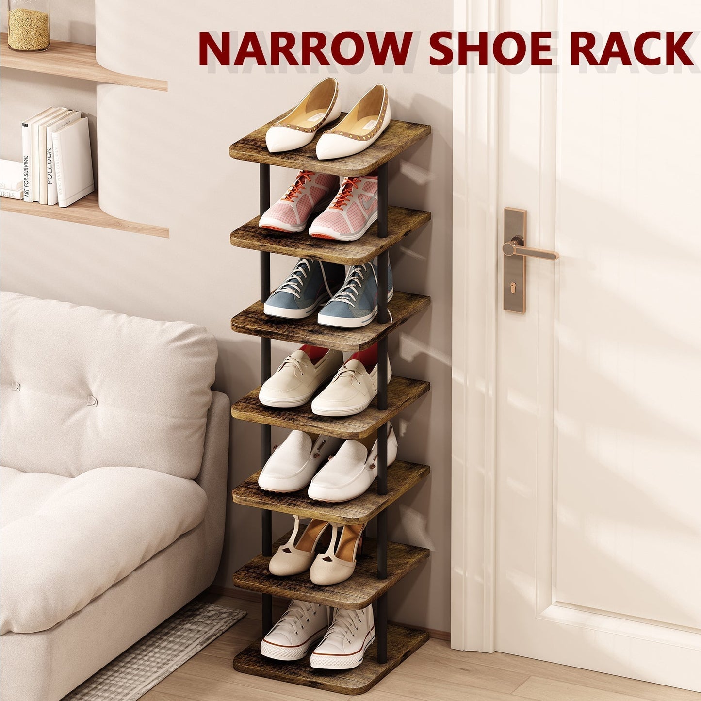 SUOERNUO Shoe Rack 7 Tier Vertical Storage Organizer Metal Narrow Slim Shelf