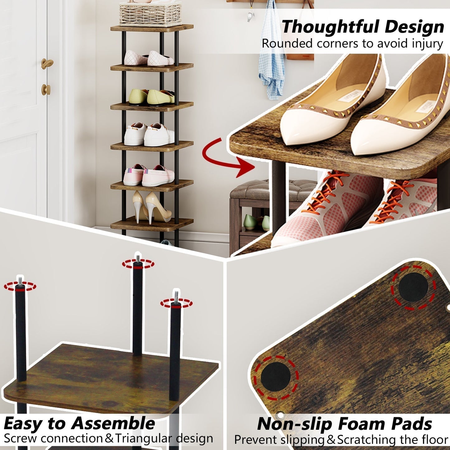 SUOERNUO Shoe Rack 7 Tier Vertical Storage Organizer Metal Narrow Slim Shelf