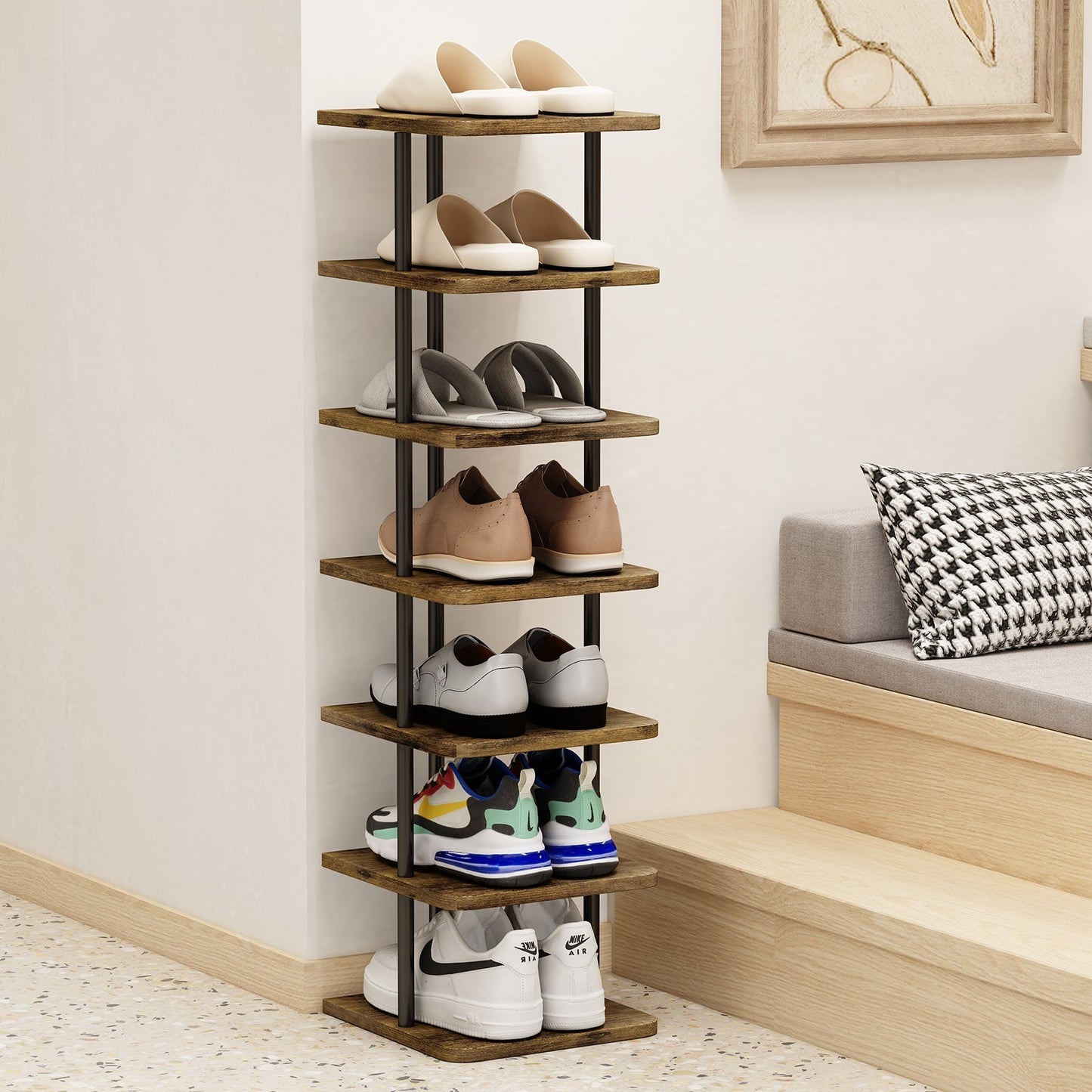 SUOERNUO Shoe Rack 7 Tier Vertical Storage Organizer Metal Narrow Slim Shelf