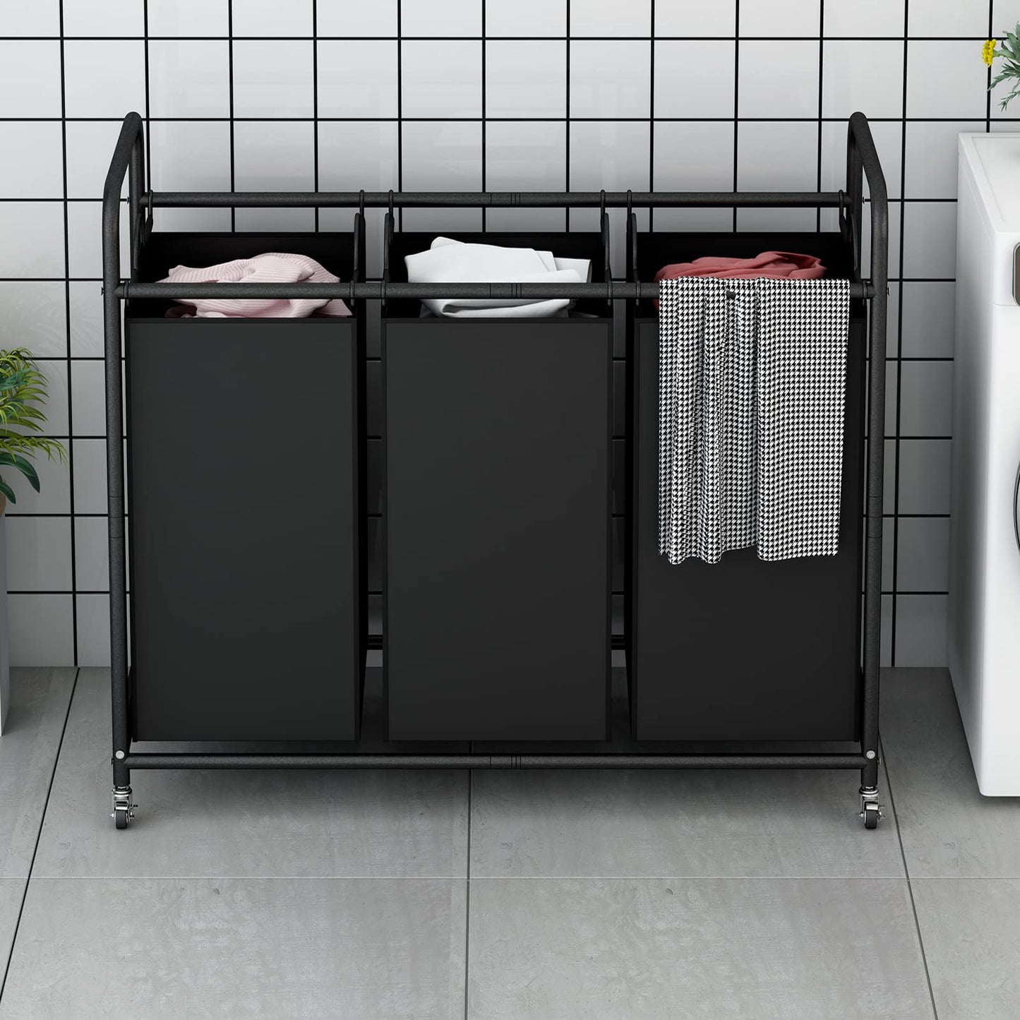 SUOERNUO 3-Bag Laundry Basket Cart with Heavy Duty Rolling Lockable Wheels and Removable