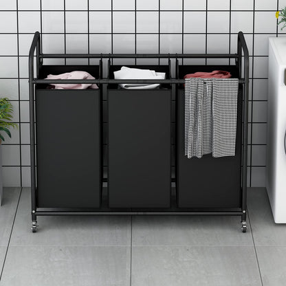 SUOERNUO 3-Bag Laundry Basket Cart with Heavy Duty Rolling Lockable Wheels and Removable