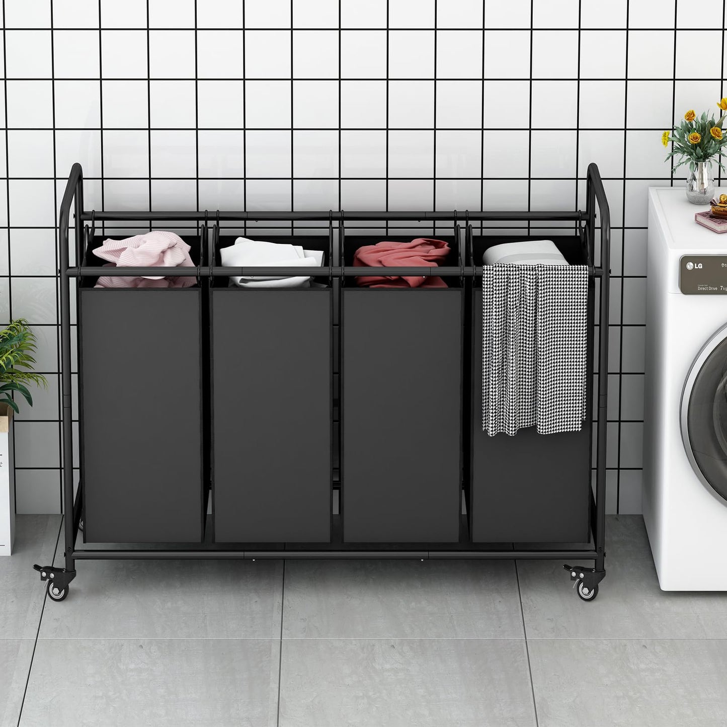 SUOERNUO 4-Bag Laundry Basket Cart with Heavy Duty Rolling Lockable Wheels and Removable