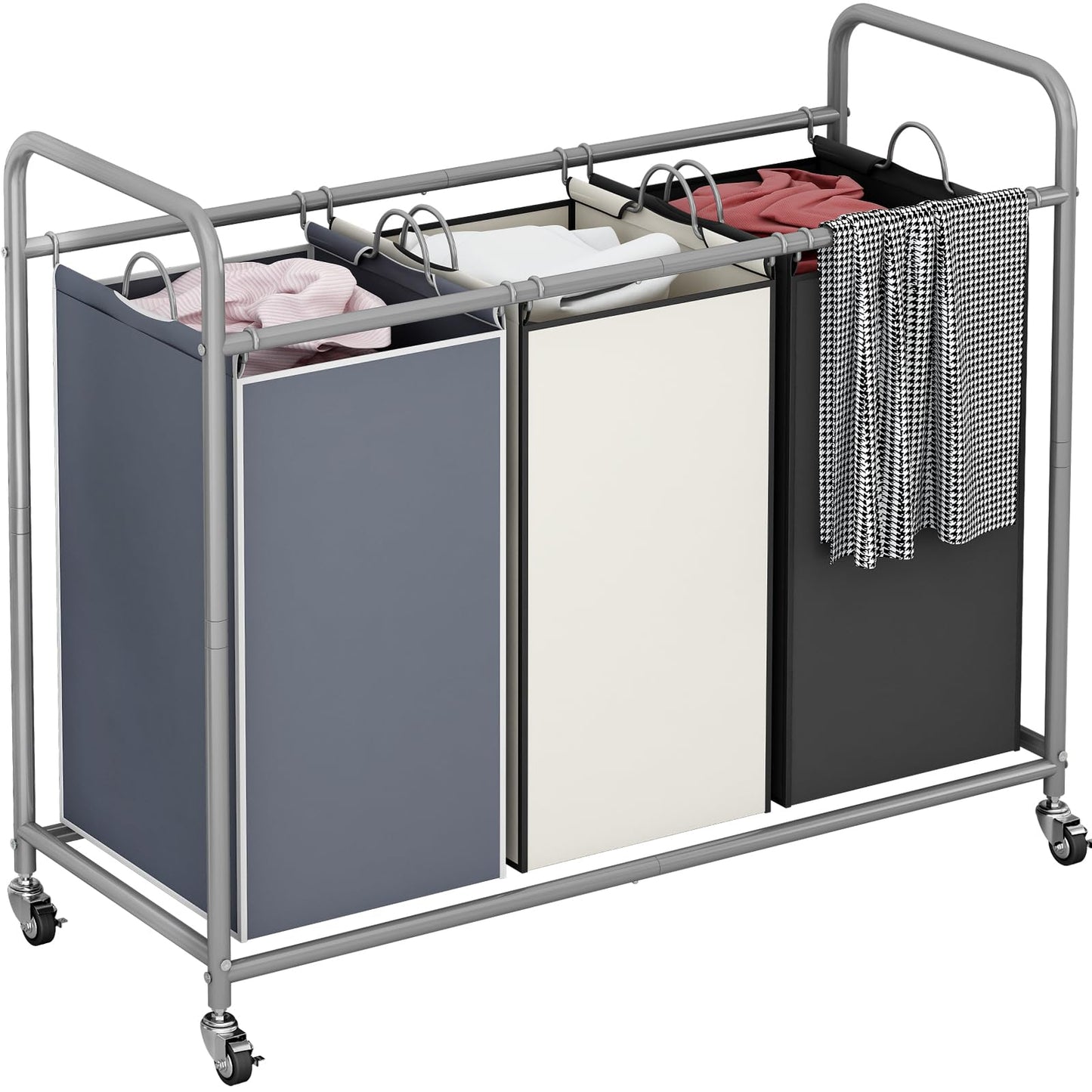 SUOERNUO 3-Bag Laundry Basket Cart with Heavy Duty Rolling Lockable Wheels and Removable