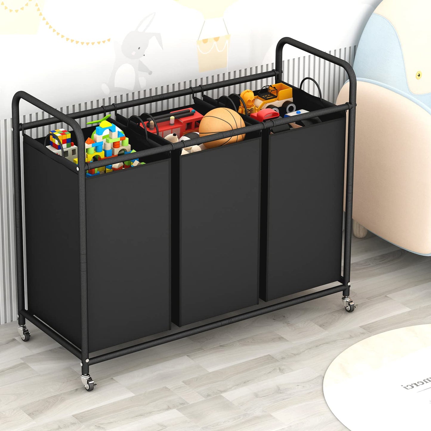 SUOERNUO 3-Bag Laundry Basket Cart with Heavy Duty Rolling Lockable Wheels and Removable