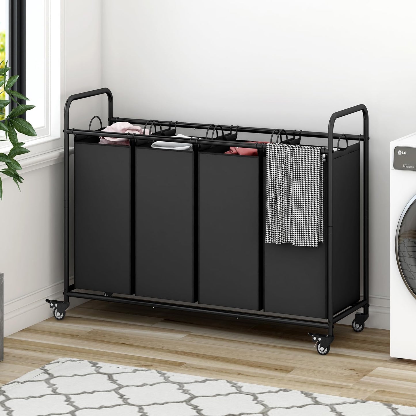 SUOERNUO 4-Bag Laundry Basket Cart with Heavy Duty Rolling Lockable Wheels and Removable
