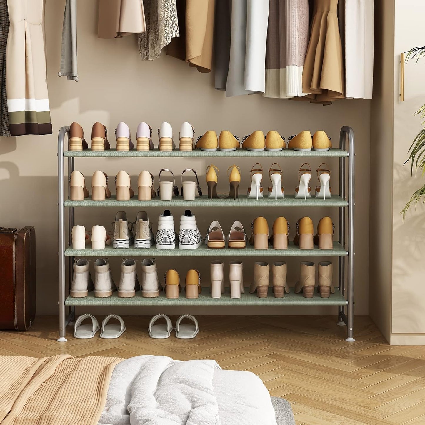 SUOERNUO Shoe Rack 4 Tier Long Storage Organizer Wide Metal Shoe Shelf