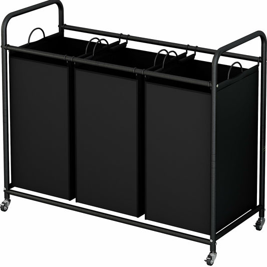 SUOERNUO 3-Bag Laundry Basket Cart with Heavy Duty Rolling Lockable Wheels and Removable